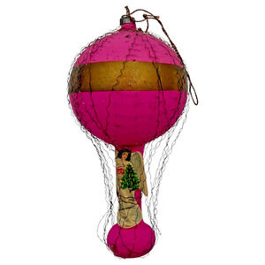 Vintage Wire Wrapped Hot Air Balloon Glass Ornament Victorian Angel Die Cut 4.5"